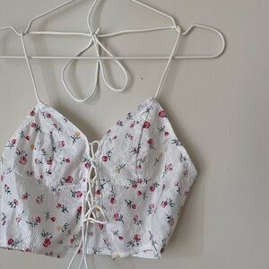 White lace up floral top